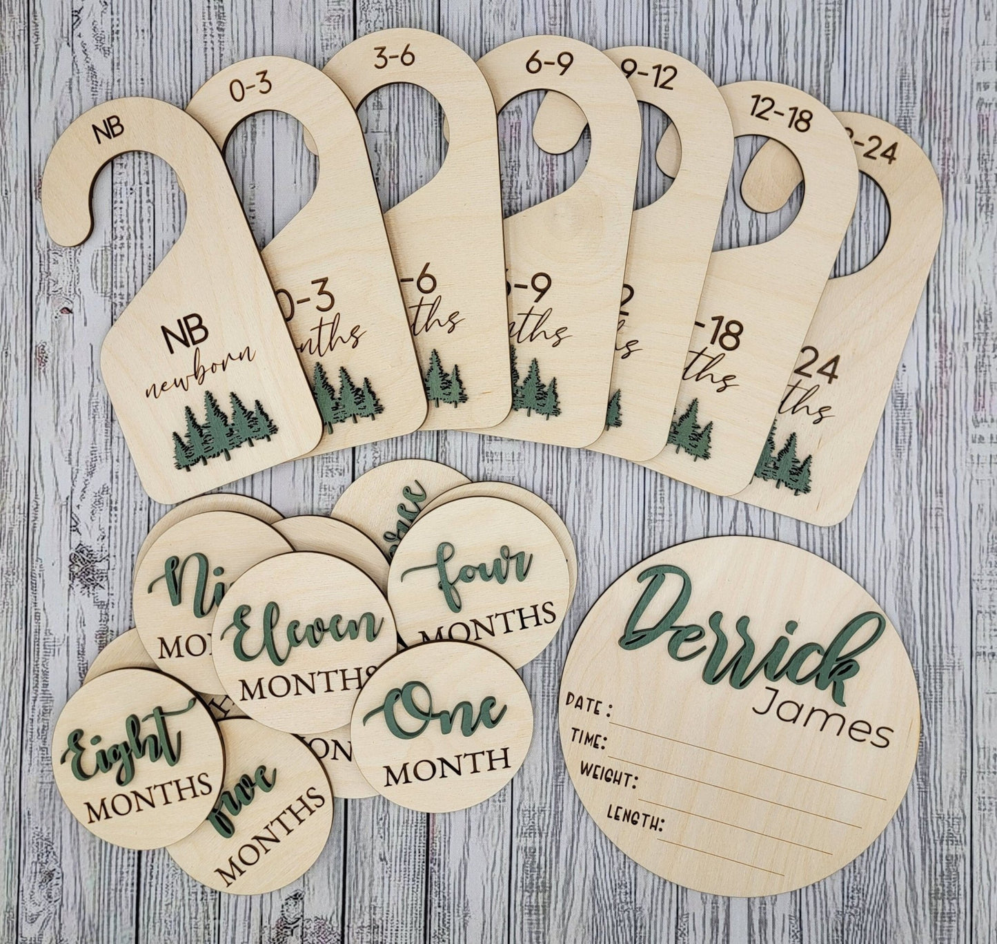 Baby Bundle: Announcement Sign With Birth Stats, Monthly Wooden Milestone Discs and Baby Nursery Closet Dividers | Pen Included! - EverLee Creations