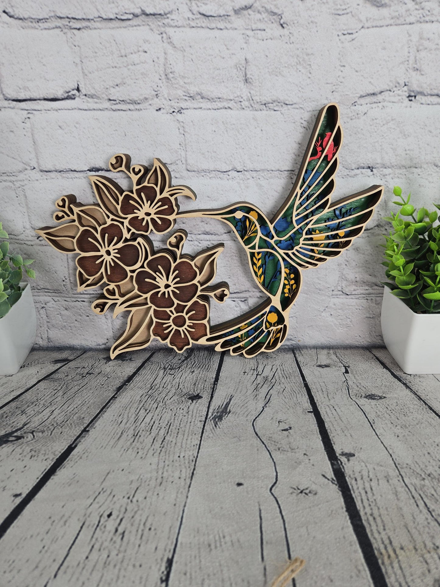 layered wood hummingbird wall art hand painted wooden bird decor with floral design rustic home decor