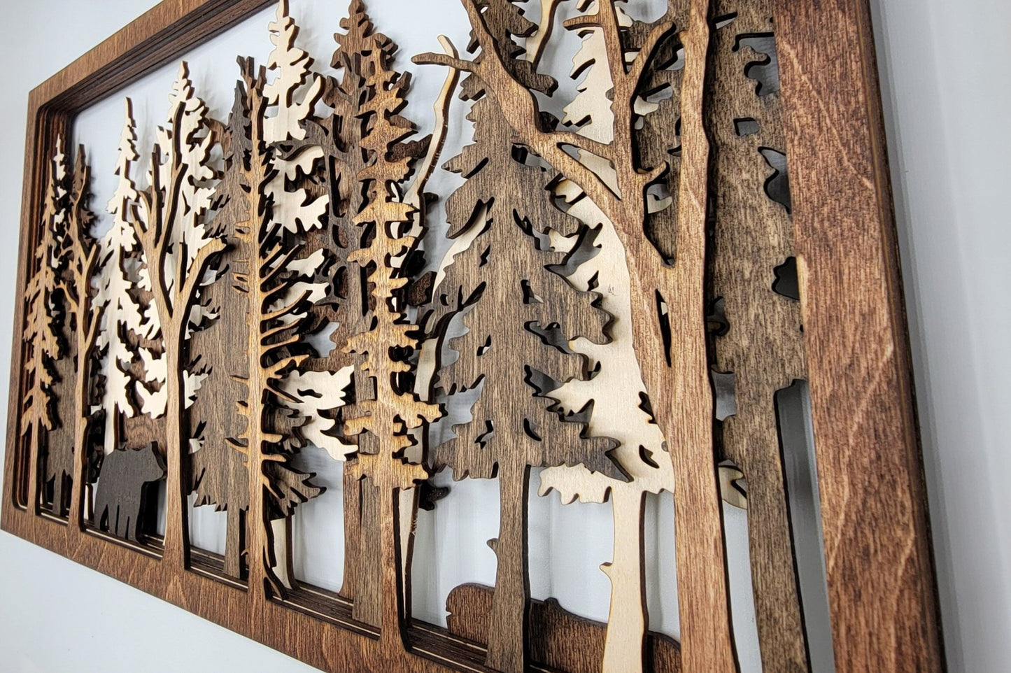 Into The Wild - 7 Layer Wall Art - Forest Nature Trees Bear Wilderness Multilayer Fireplace mantel camping cottage cabin outdoors landscape - EverLee Creations