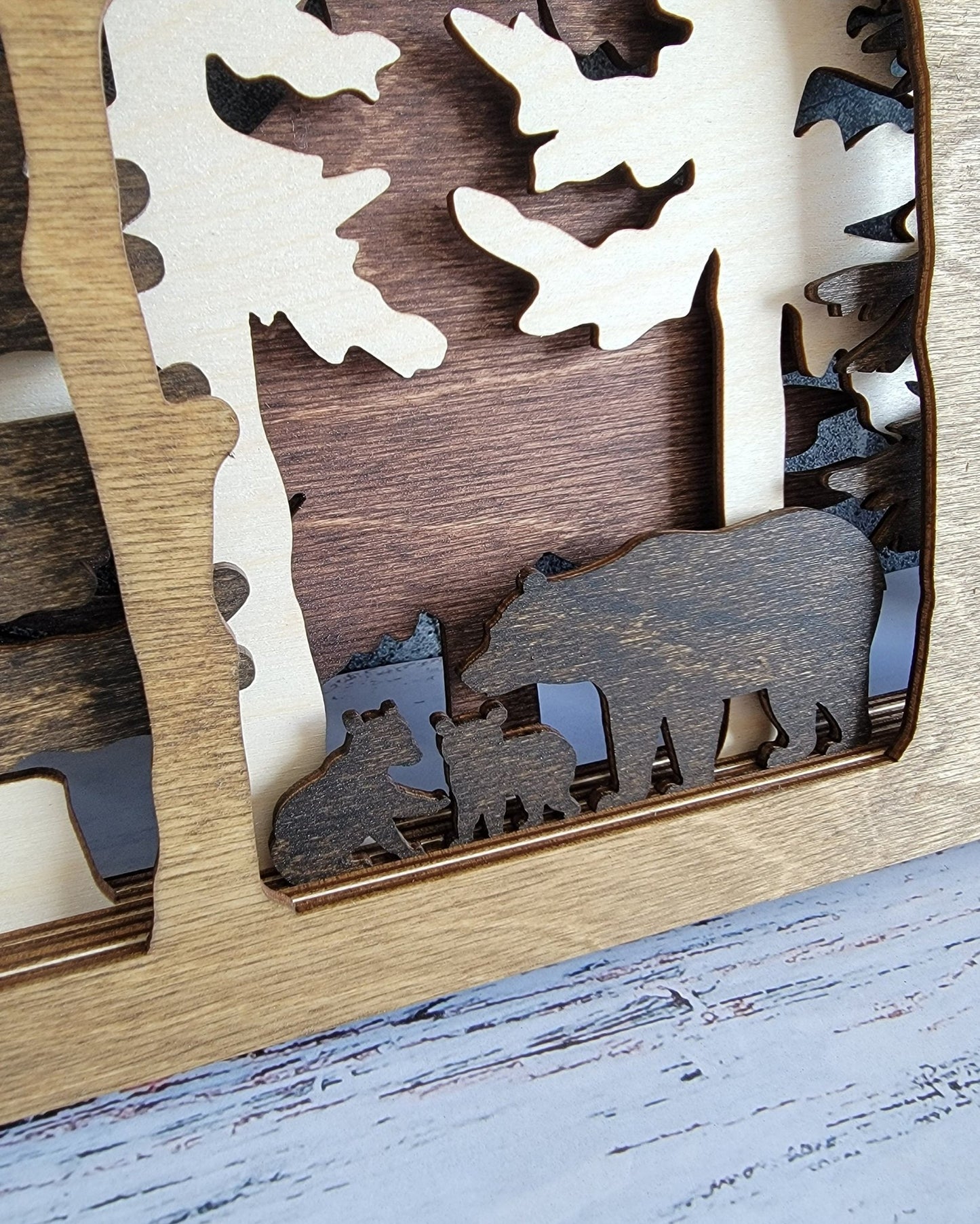 Into The Wild - 7 Layer Wall Art - Forest Nature Trees Bear Wilderness Multilayer Fireplace mantel camping cottage cabin outdoors landscape - EverLee Creations