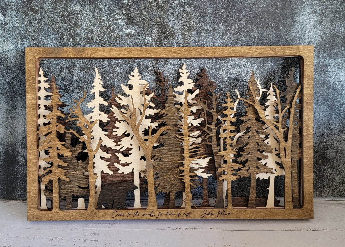 Into The Wild - 7 Layer Wall Art - Forest Nature Trees Bear Wilderness Multilayer Fireplace mantel camping cottage cabin outdoors landscape - EverLee Creations