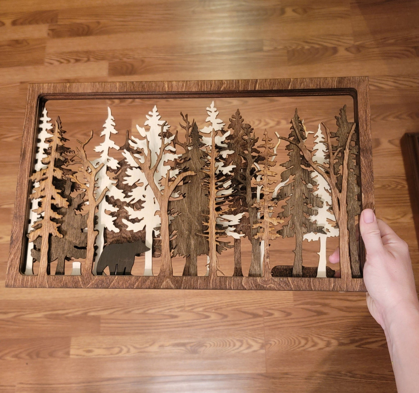 Into The Wild - 7 Layer Wall Art - Forest Nature Trees Bear Wilderness Multilayer Fireplace mantel camping cottage cabin outdoors landscape - EverLee Creations