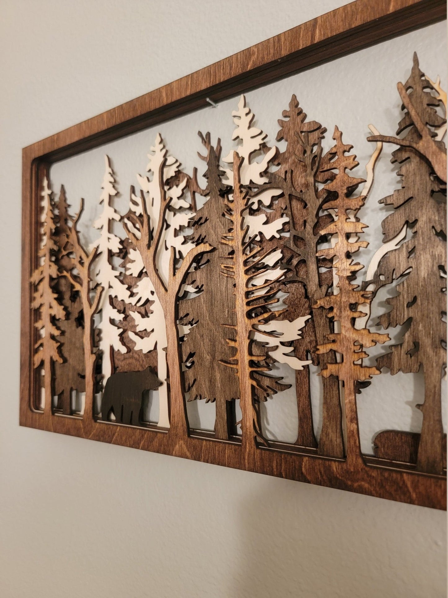 Into The Wild - 7 Layer Wall Art - Forest Nature Trees Bear Wilderness Multilayer Fireplace mantel camping cottage cabin outdoors landscape - EverLee Creations