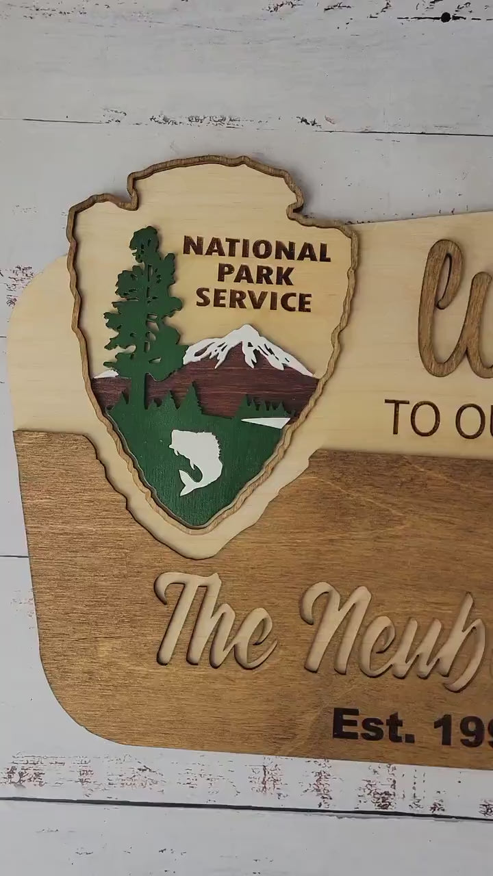 National Park Service Welcome Sign - NPS inspired family name sign, custom layered laser cut & engraved, wilderness enthusiast