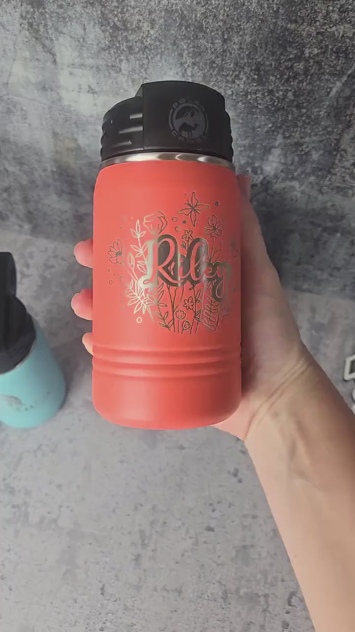 Personalized Kids Water Bottle with Straw, Back to School, 12 or 20 oz Stainless Steel Custom Laser Engraved for Boys and Girls, Summer Camp