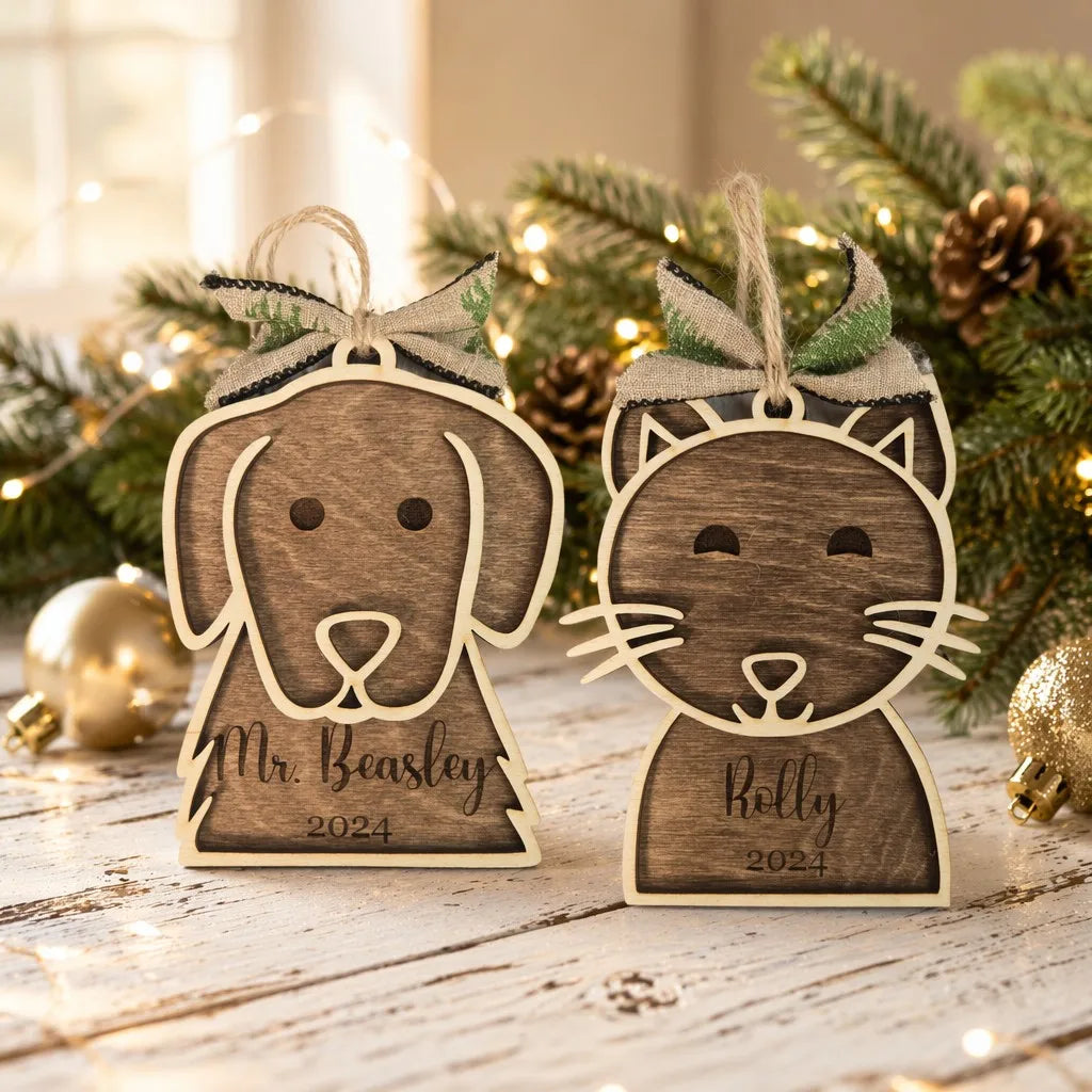 Personalized Pet Ornament - Dog and Cat festive boutique set
