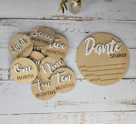 Baby Announcement Sign With Birth Stats and Wooden Milestone Discs for Baby Photos - EverLee Creations