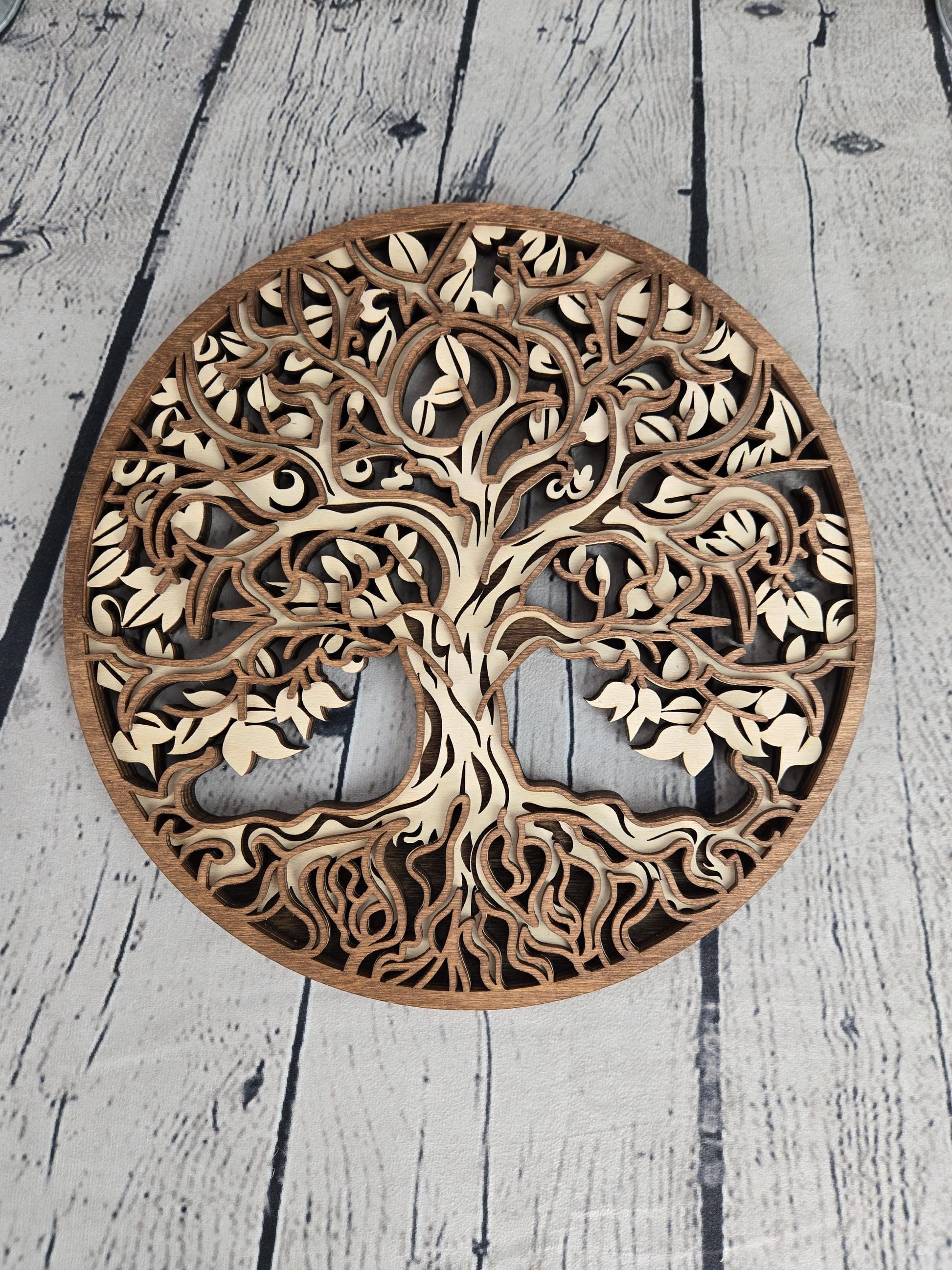 4 layered wood Tree of Life wall art made from hand stained Baltic birch wood round rustic home decor