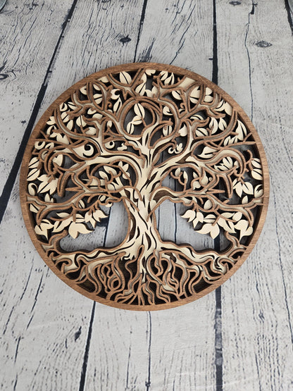 4 layered wood Tree of Life wall art made from hand stained Baltic birch wood round rustic home decor