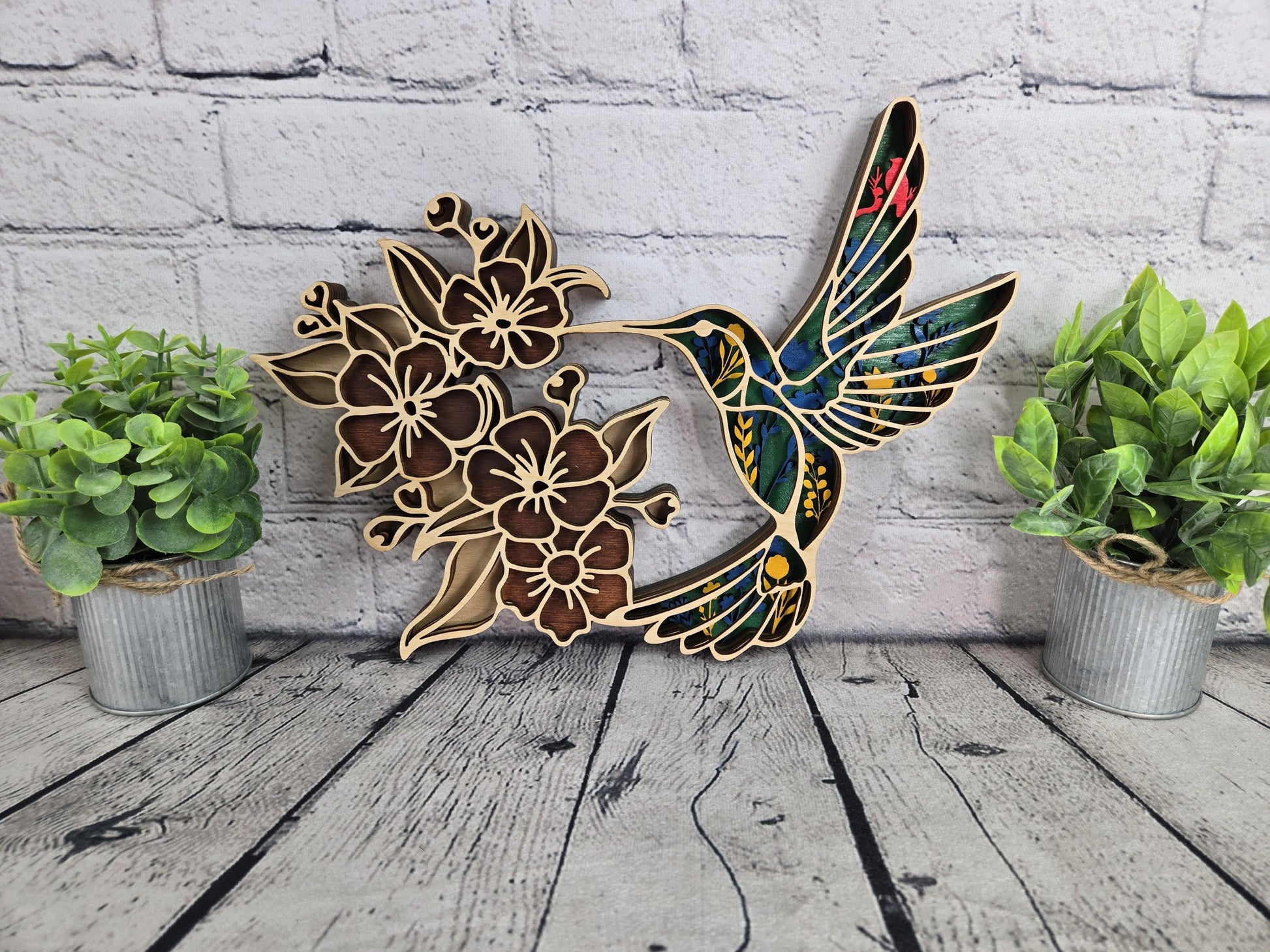 layered wood hummingbird wall art hand painted wooden bird decor with floral design rustic home decor