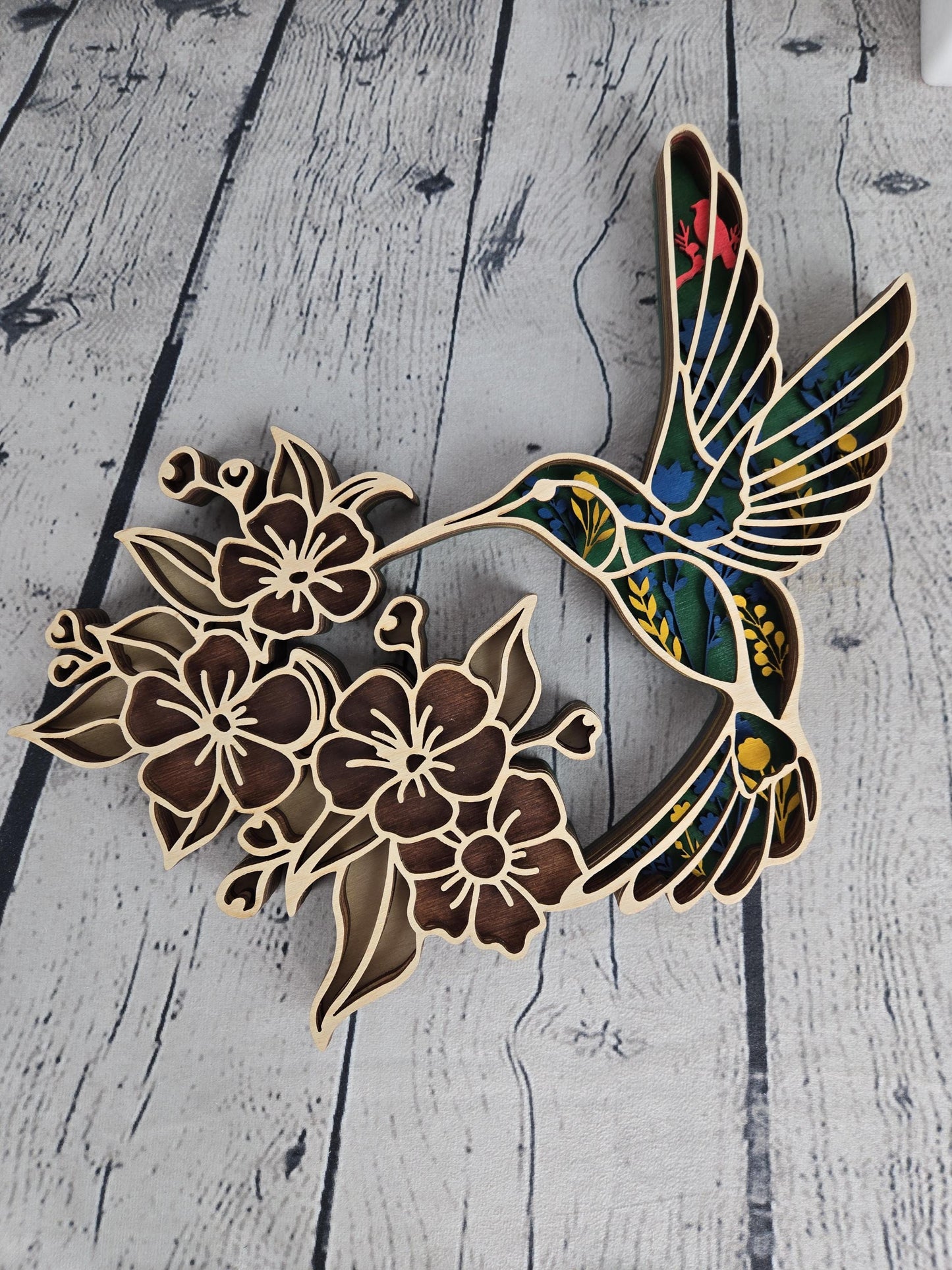 layered wood hummingbird wall art hand painted wooden bird decor with floral design rustic home decor