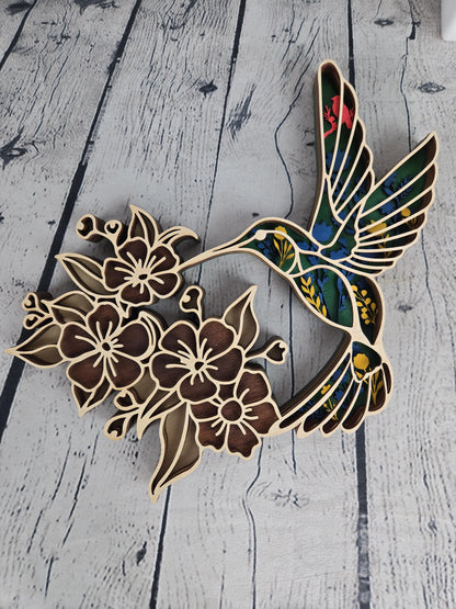 layered wood hummingbird wall art hand painted wooden bird decor with floral design rustic home decor