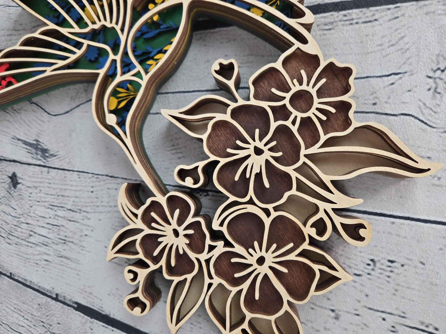 layered wood hummingbird wall art hand painted wooden bird decor with floral design rustic home decor