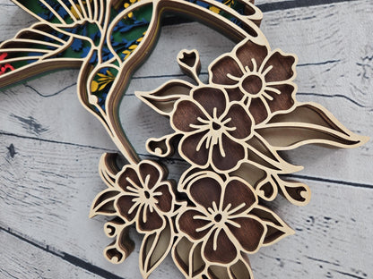 layered wood hummingbird wall art hand painted wooden bird decor with floral design rustic home decor