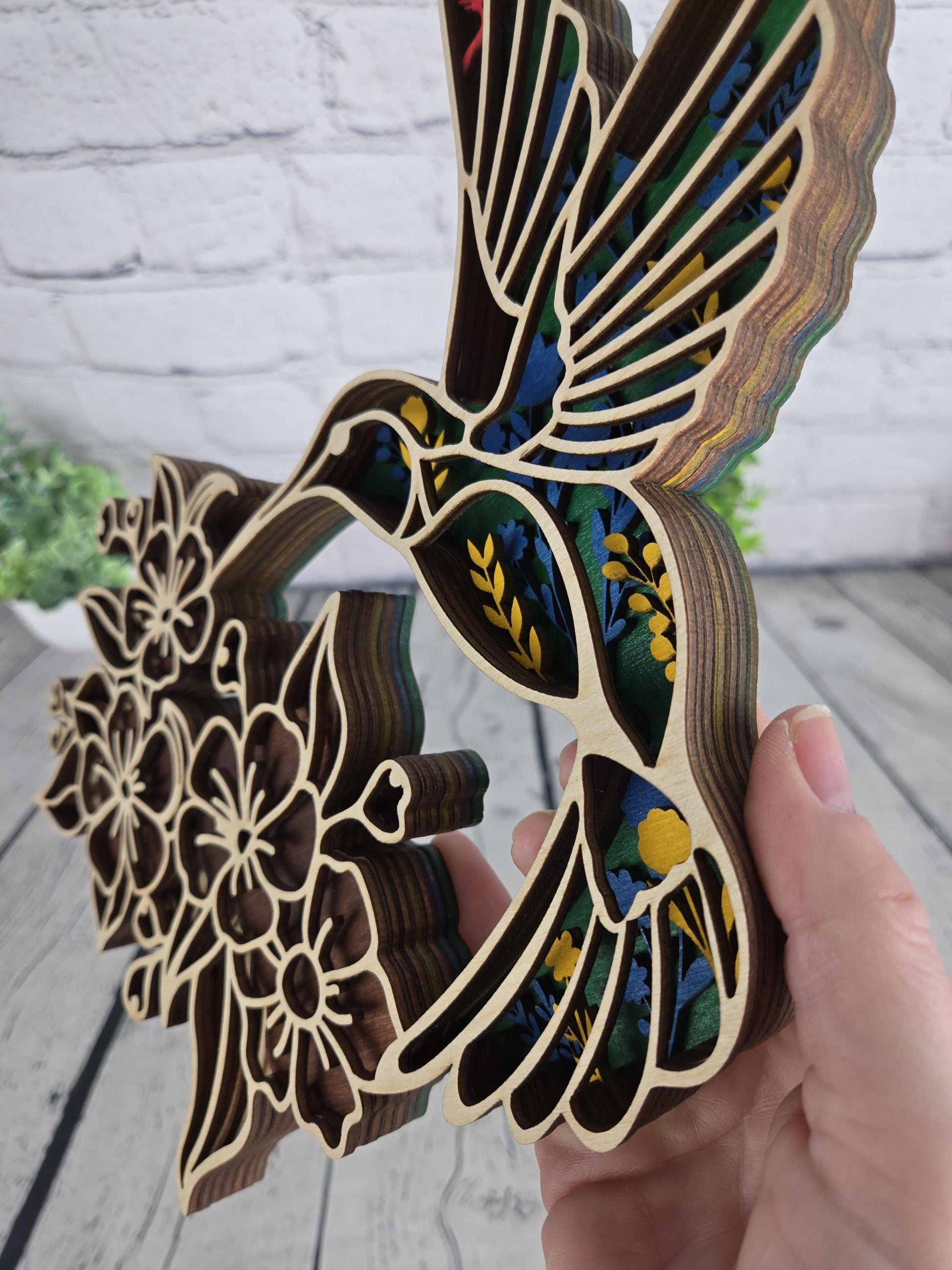 layered wood hummingbird wall art hand painted wooden bird decor with floral design rustic home decor