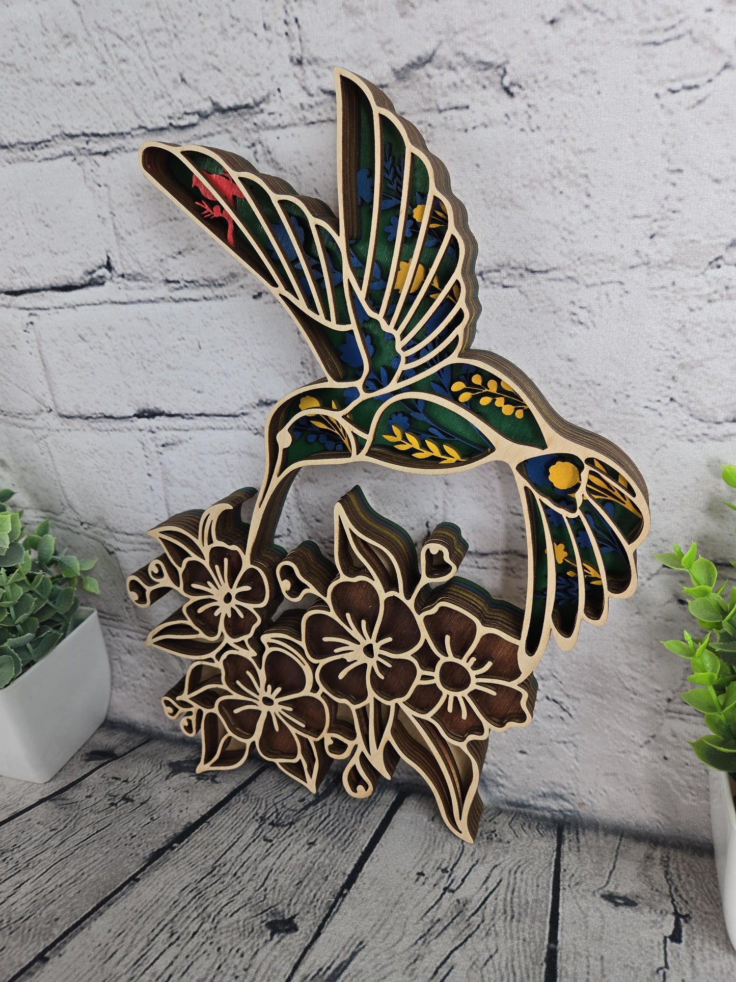 layered wood hummingbird wall art hand painted wooden bird decor with floral design rustic home decor