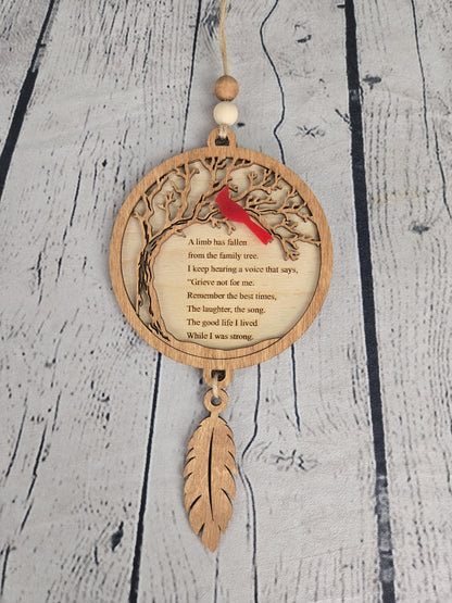 ayered wood memorial ornament close up laser engraved cardinal tree design sympathy gift detail
