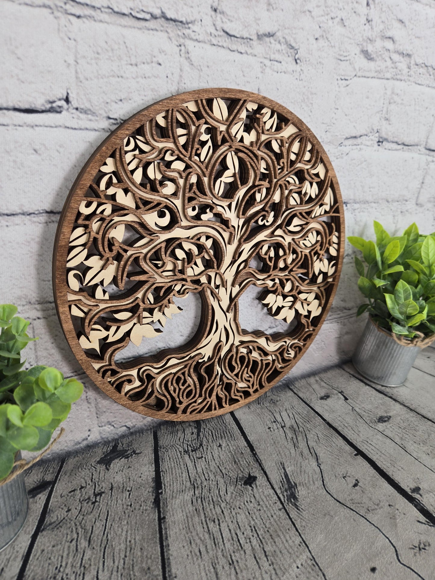 4 layered wood Tree of Life wall art made from hand stained Baltic birch wood round rustic home decor