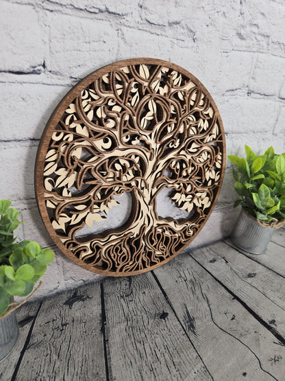 4 layered wood Tree of Life wall art made from hand stained Baltic birch wood round rustic home decor