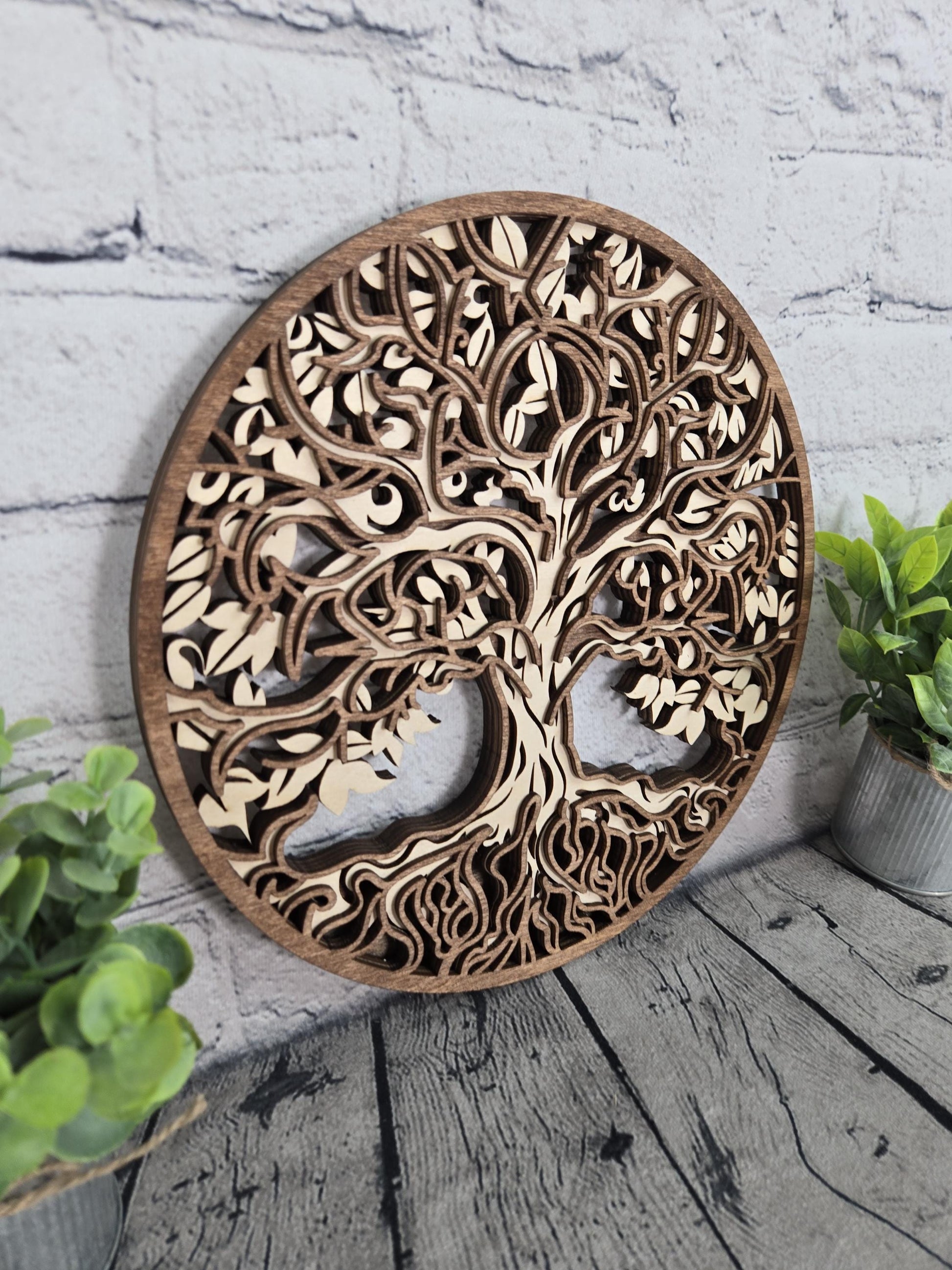 4 layered wood Tree of Life wall art made from hand stained Baltic birch wood round rustic home decor