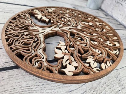 4 layered wood Tree of Life wall art made from hand stained Baltic birch wood round rustic home decor