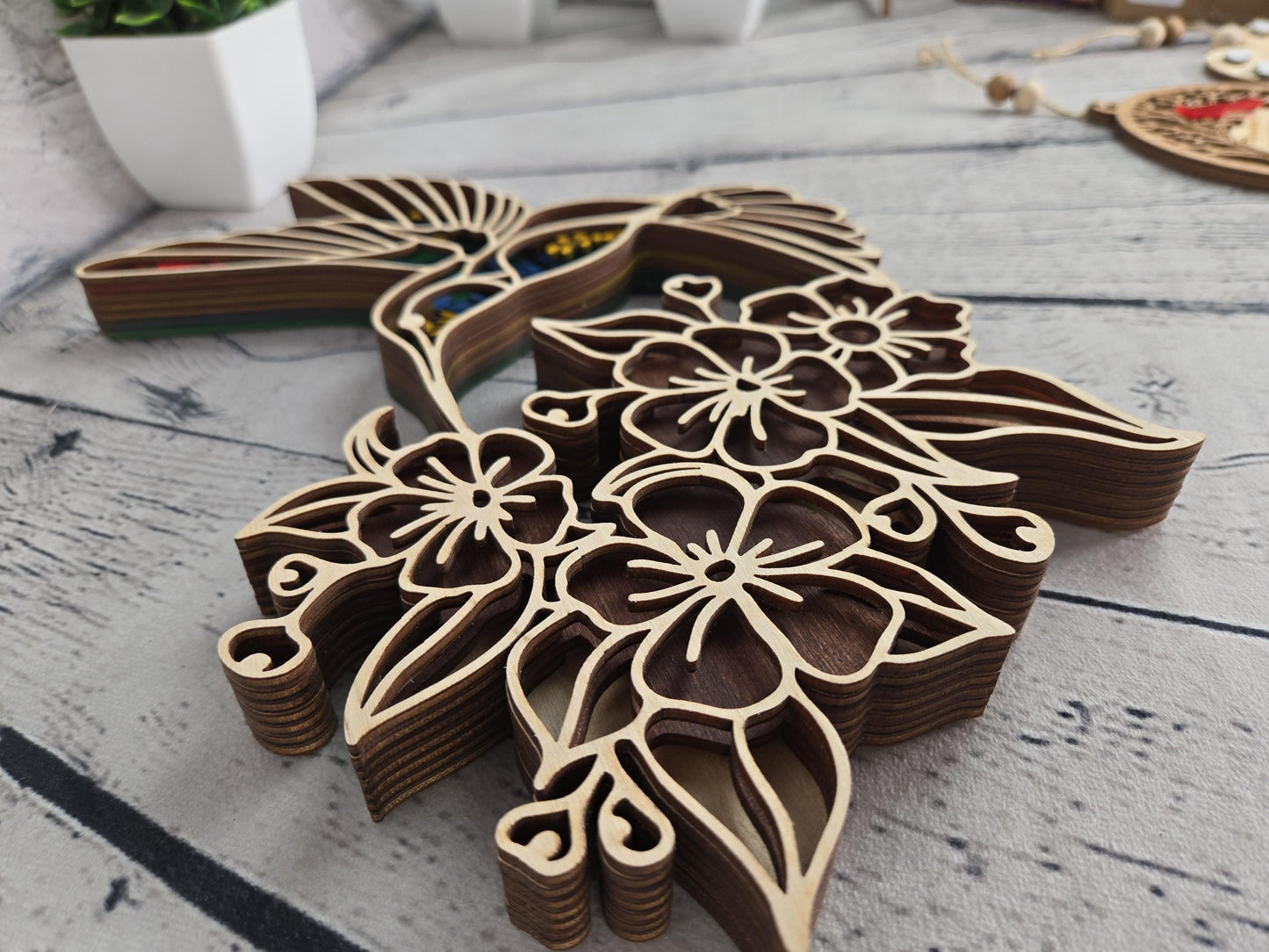 layered wood hummingbird wall art hand painted wooden bird decor with floral design rustic home decor