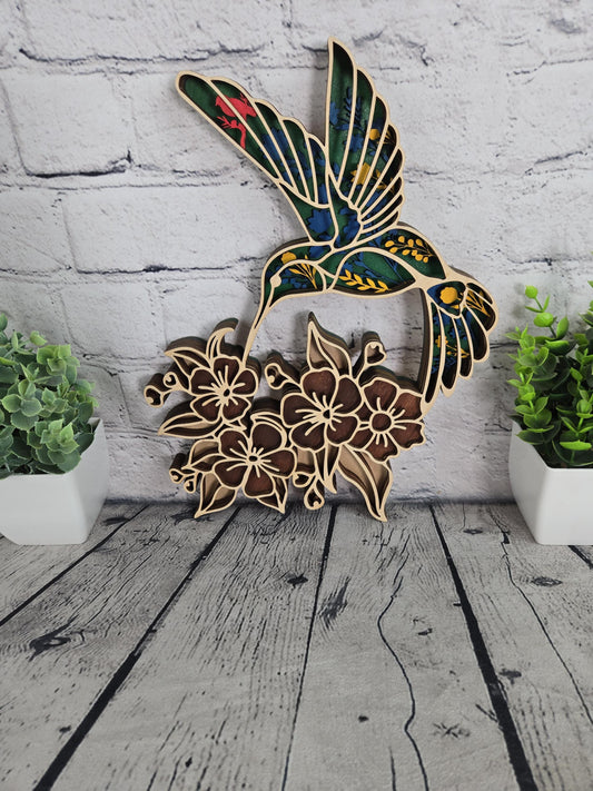 layered wood hummingbird wall art hand painted wooden bird decor with floral design rustic home decor