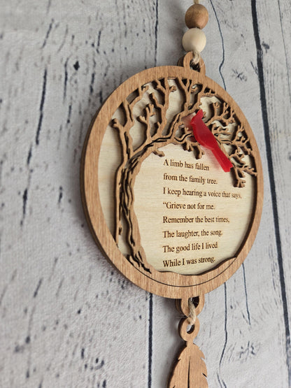 custom engraved memorial ornament with name and dates cardinal wood sympathy gift close up detail