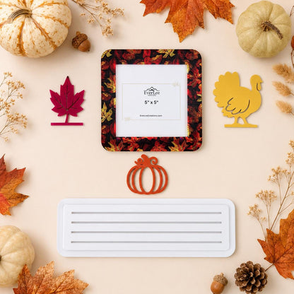 Handmade interchangeable seasonal picture frame decorating a shelf with interchangeable holiday frame and collectible charms. Fall Decor