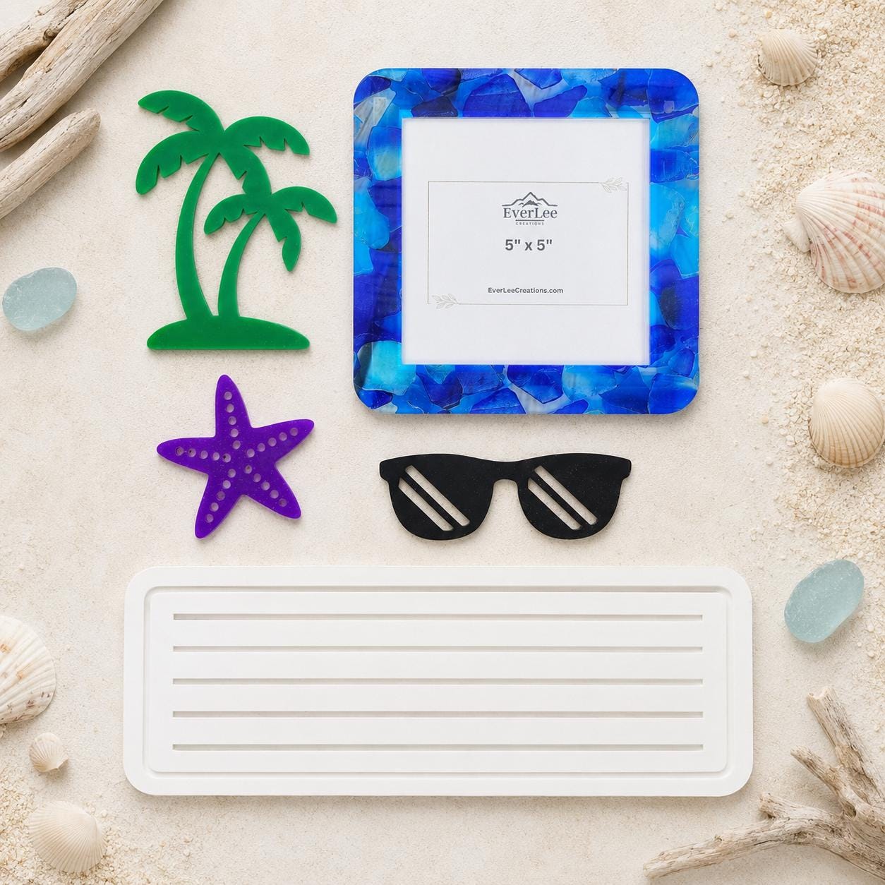 Handmade interchangeable seasonal picture frame decorating a shelf with interchangeable holiday frame and collectible charms. Summer decor