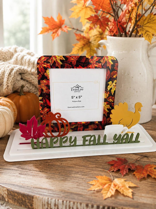 Personalized interchangeable seasonal picture frame starter set with signature base, 5x5 photo frame, and three collectible charms. Fall decor