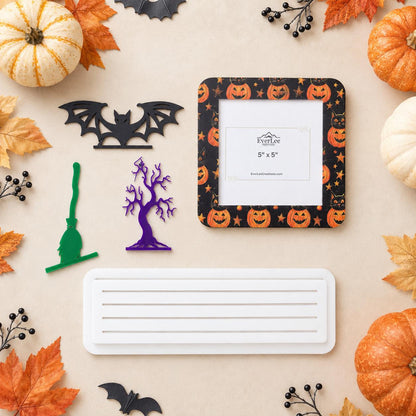 Handmade interchangeable seasonal picture frame decorating a shelf with interchangeable holiday frame and collectible charms. Halloween