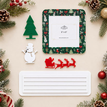 Handmade interchangeable seasonal picture frame decorating a shelf with interchangeable holiday frame and collectible charms. Christmas Decor