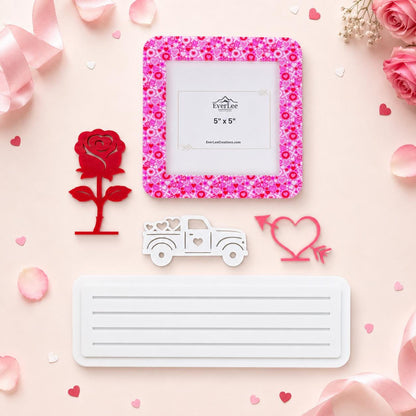 Handmade interchangeable seasonal picture frame decorating a shelf with interchangeable holiday frame and collectible charms. Valentines Day Decor