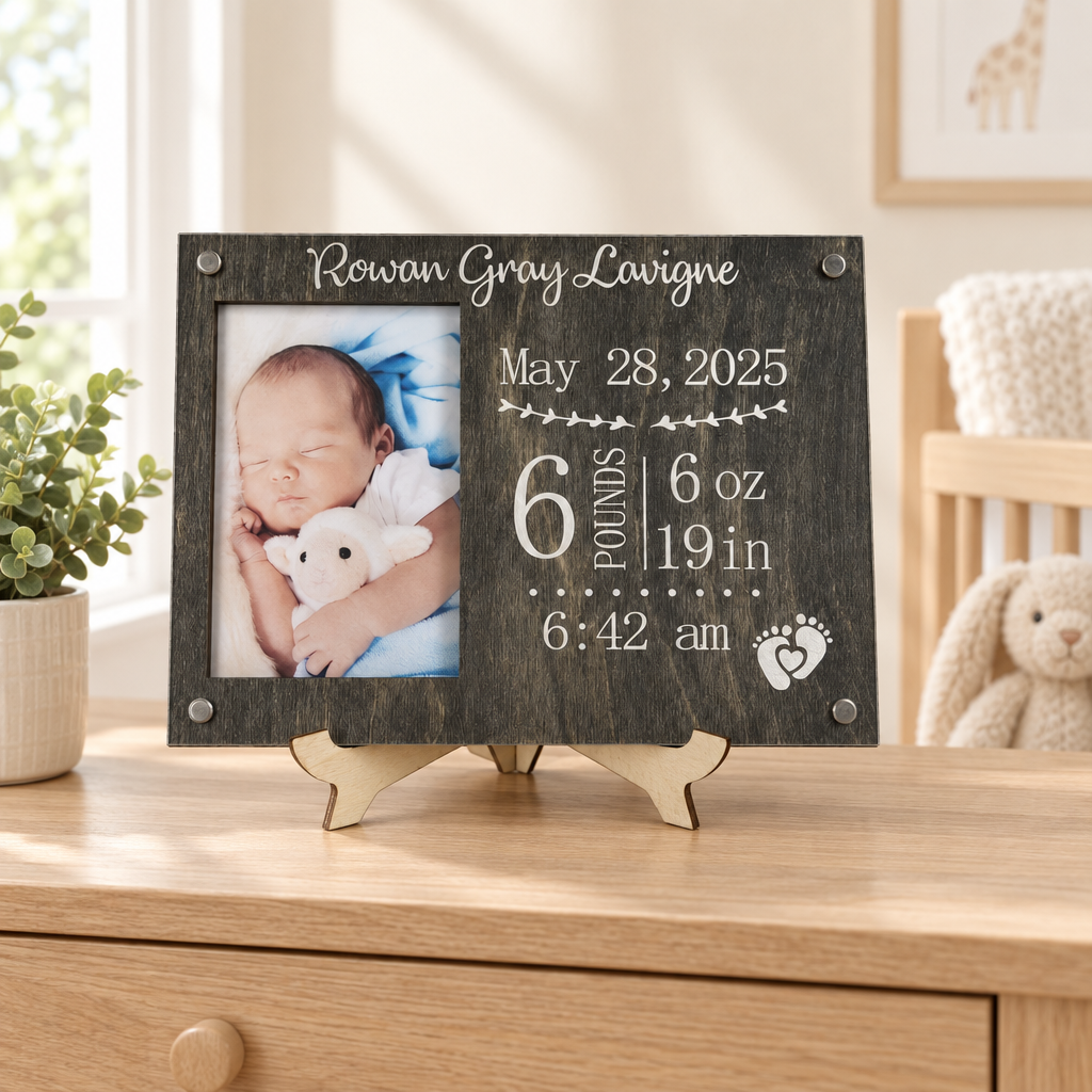 Personalized wooden baby birth stats picture frame on a light wood dresser in a bright nursery