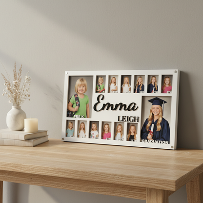 Personalized school years picture frame propped on a natural wood table in a warm lifestyle setting