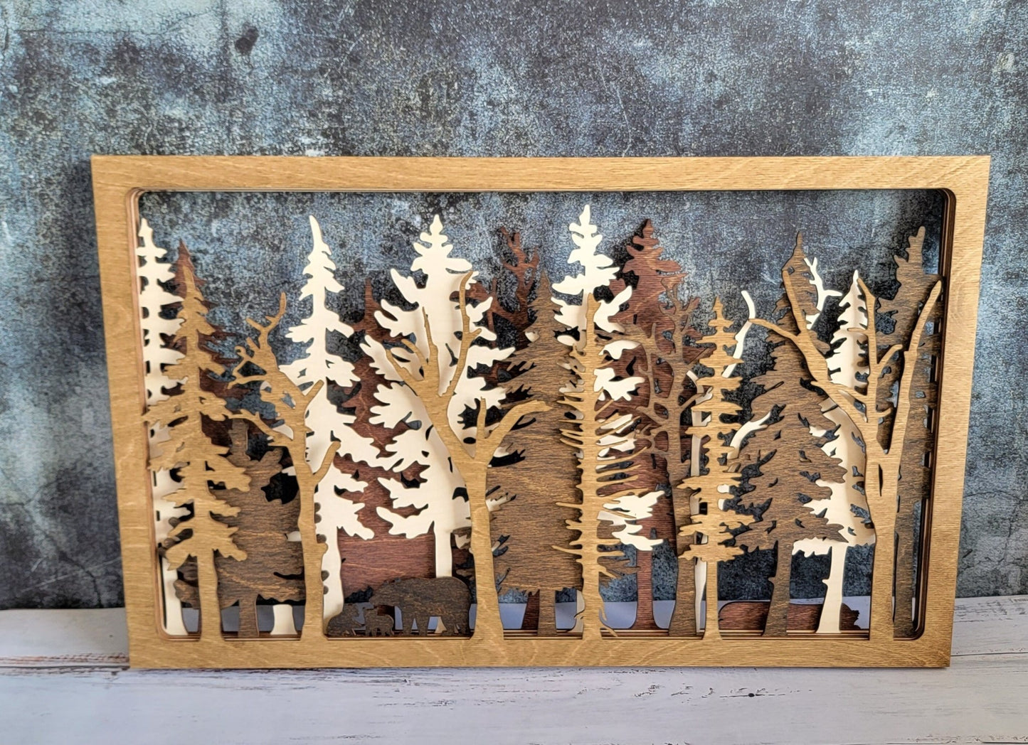 Into The Wild - 7 Layer Wall Art - Forest Nature Trees Bear Wilderness Multilayer Fireplace mantel camping cottage cabin outdoors landscape - EverLee Creations