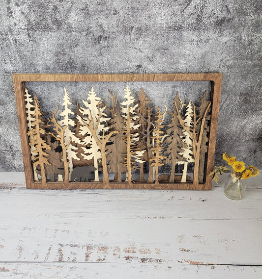 Into The Wild - 7 Layer Wall Art - Forest Nature Trees Bear Wilderness Multilayer Fireplace mantel camping cottage cabin outdoors landscape - EverLee Creations