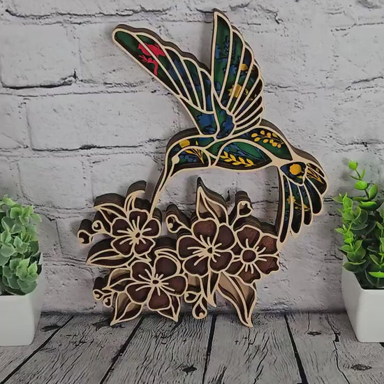 Layered Wood Hummingbird Wall Art | Hand Painted Wooden Bird Decor | Floral Hummingbird Sign | Nature Wall Decor | Boho Rustic Home Decor