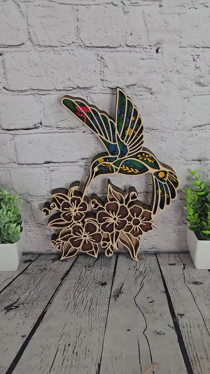 Layered Wood Hummingbird Wall Art | Hand Painted Wooden Bird Decor | Floral Hummingbird Sign | Nature Wall Decor | Boho Rustic Home Decor