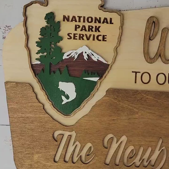 National Park Service Welcome Sign - NPS inspired family name sign, custom layered laser cut & engraved, wilderness enthusiast