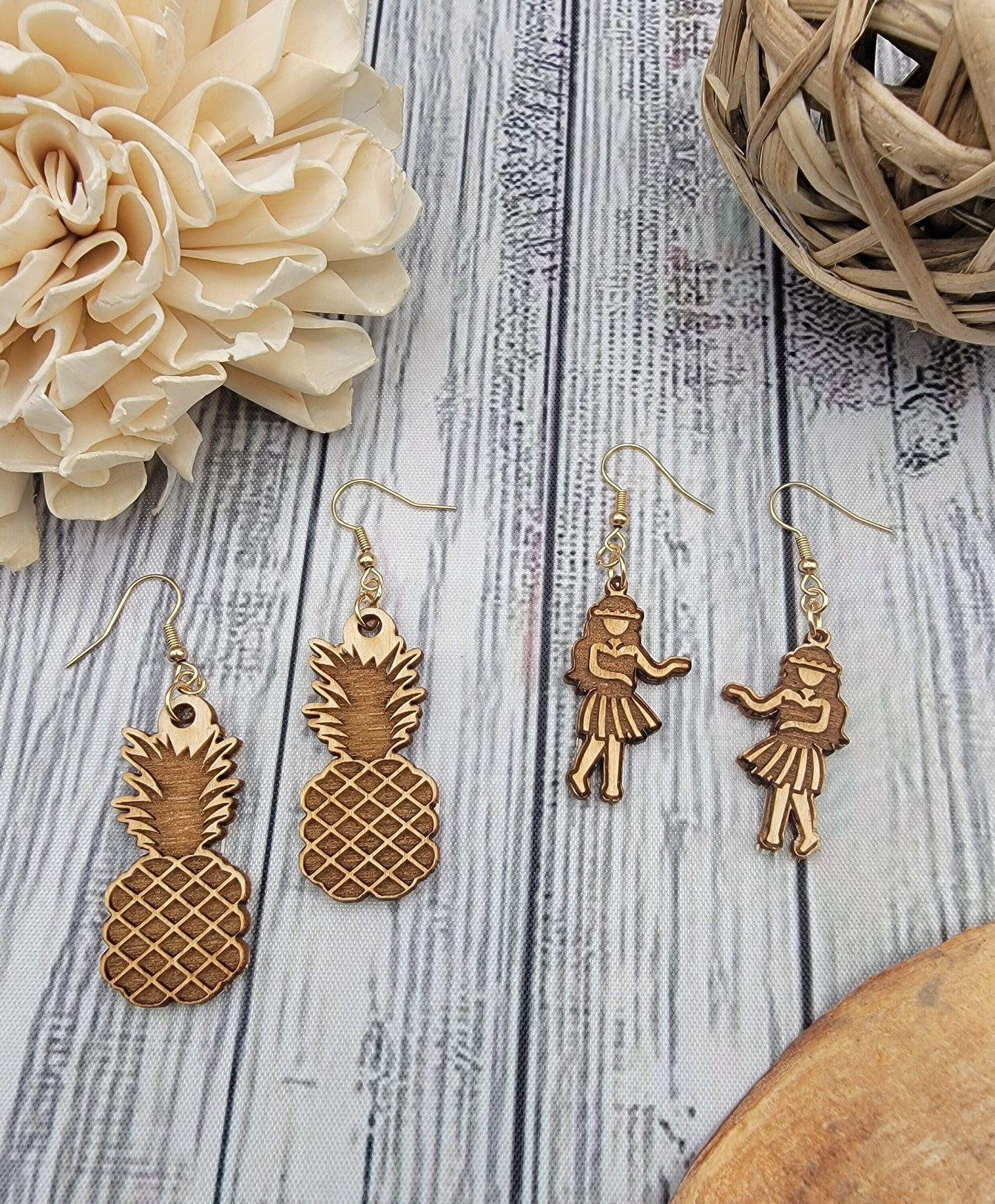 Hawaii Hula Girl | Pineapple | Dangle Earrings | Unique Gift |High quality birch wood. Hawaiian Gift