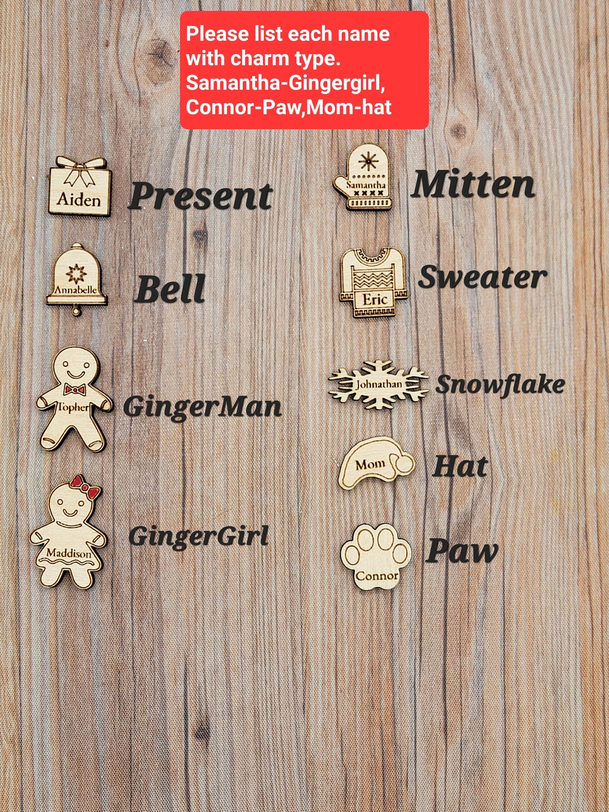 Personalized Gingerbread , Snowflake, Bell, Present Christmas Charms for Shaker Ornaments. Tier Tray Decor. Message for Special Request