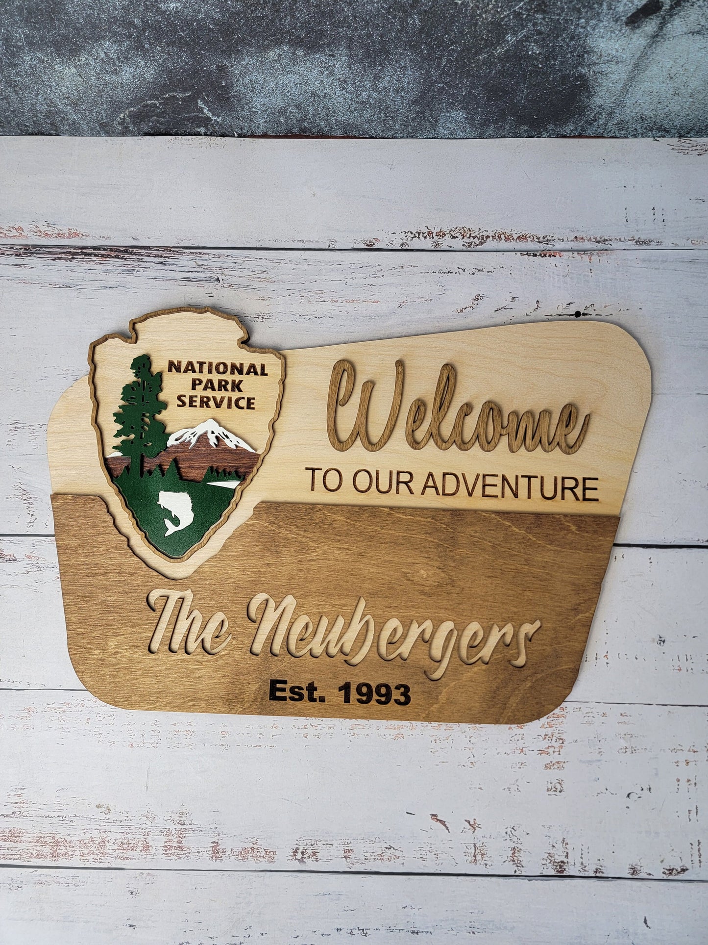 National Park Service Welcome Sign - NPS inspired family name sign, custom layered laser cut & engraved, wilderness enthusiast